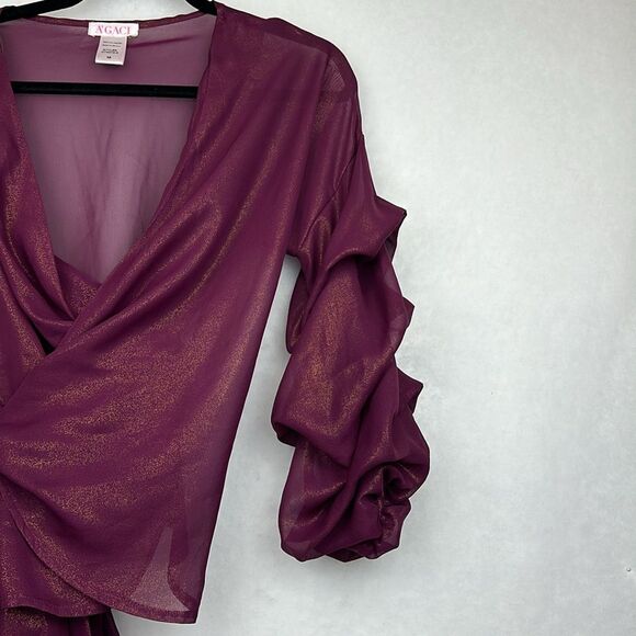 Burgundy Sheer Wrap Top Sz M Tiered Statements Sleeves elastic cuffs - Picture 6 of 11